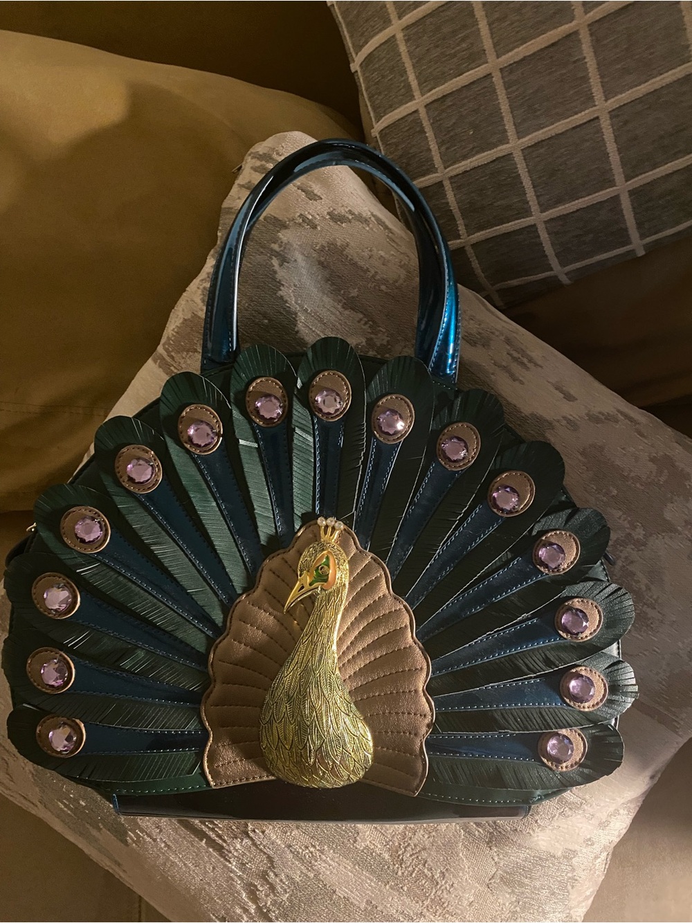 Metallic Green, Gold, Feather Peacock Crossbody Bag..